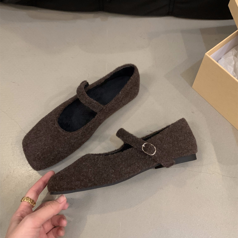 Autumn Woolen Fur Women Cotton Flats Shoes Concise Outdoor Soft Sole Shoes Ladies Comfort Square Toe Warm Mary Jane Shoes