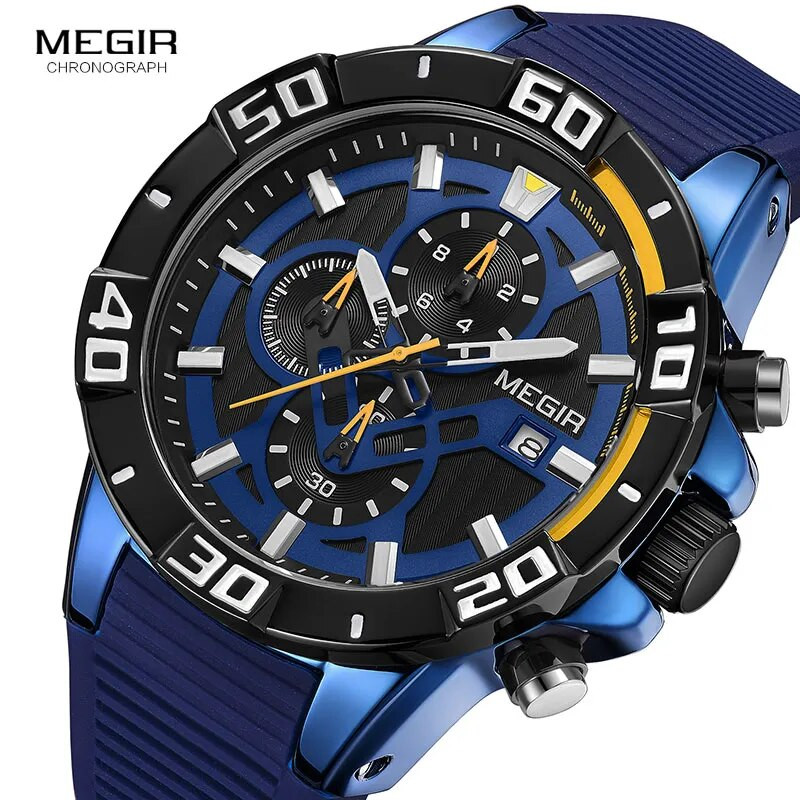 MEGIR Luxury Blue Watch Men Top Brand Silicone Bracelet Sport Chronograph Quartz Wrist Watches Man Relogio Masculino Clock 2121