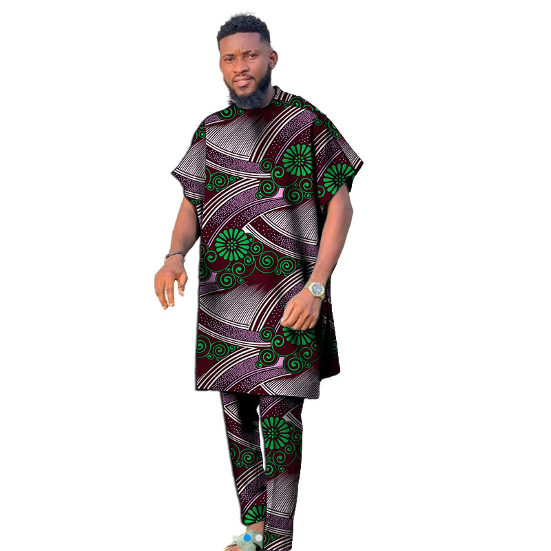 Short Sleeves Men Set Nigerian Style Colorful African Couture Dashiki Tops With Pant Groom Suit Male Traditional Garment