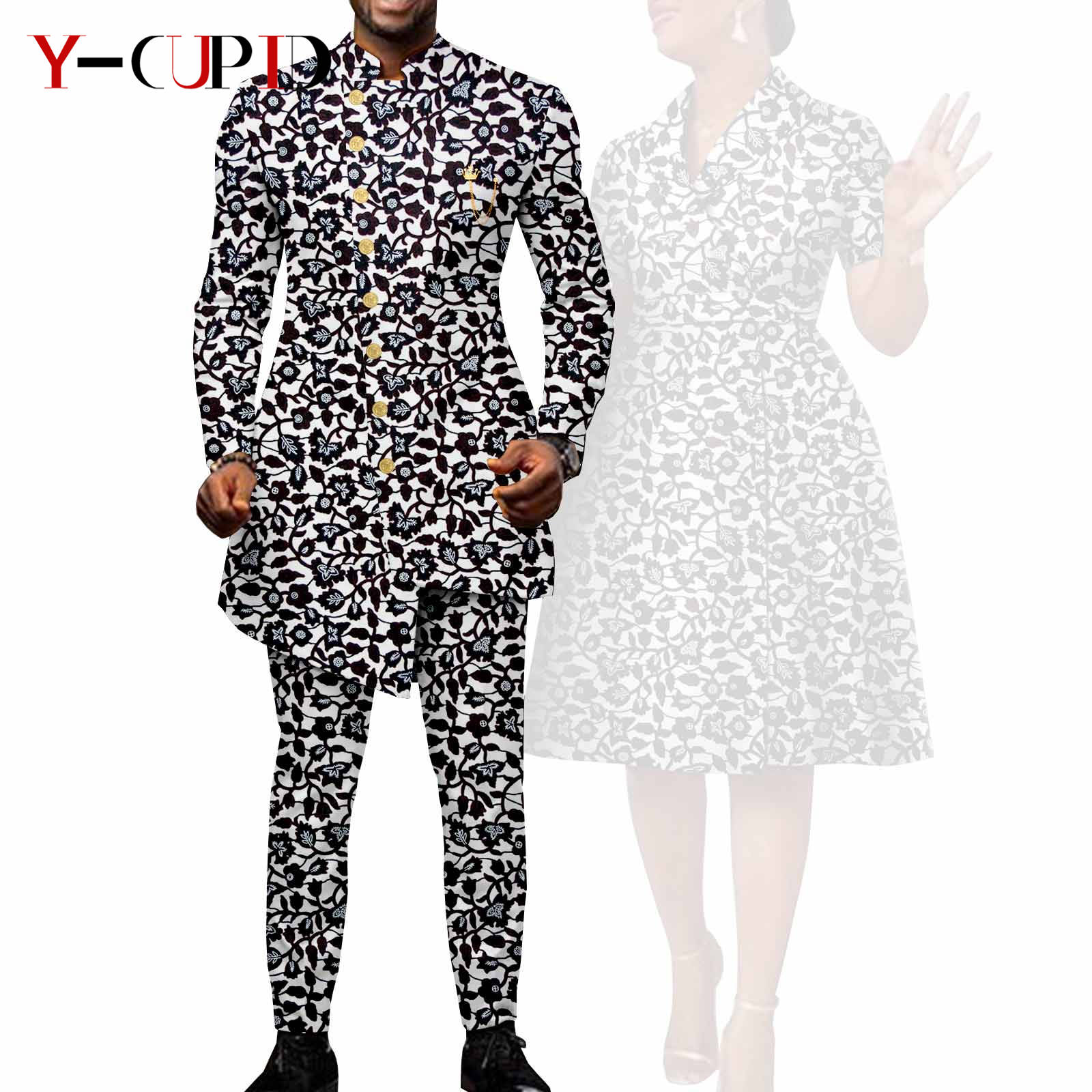 African Suits for Men Single Breasted Fit Jackets Matching Couple Outfits Bazin Riche Dashiki Print Dresses Trench Coats Y23C007