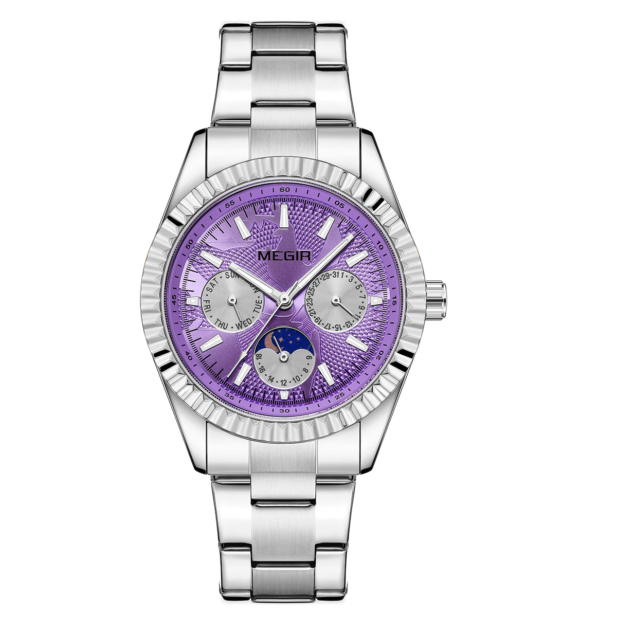 MEGIR Men's Quartz Watch with Stainless Steel Strap Fashion Business Style Wristwatch with Day Date 24-Hour Moon Phase Function