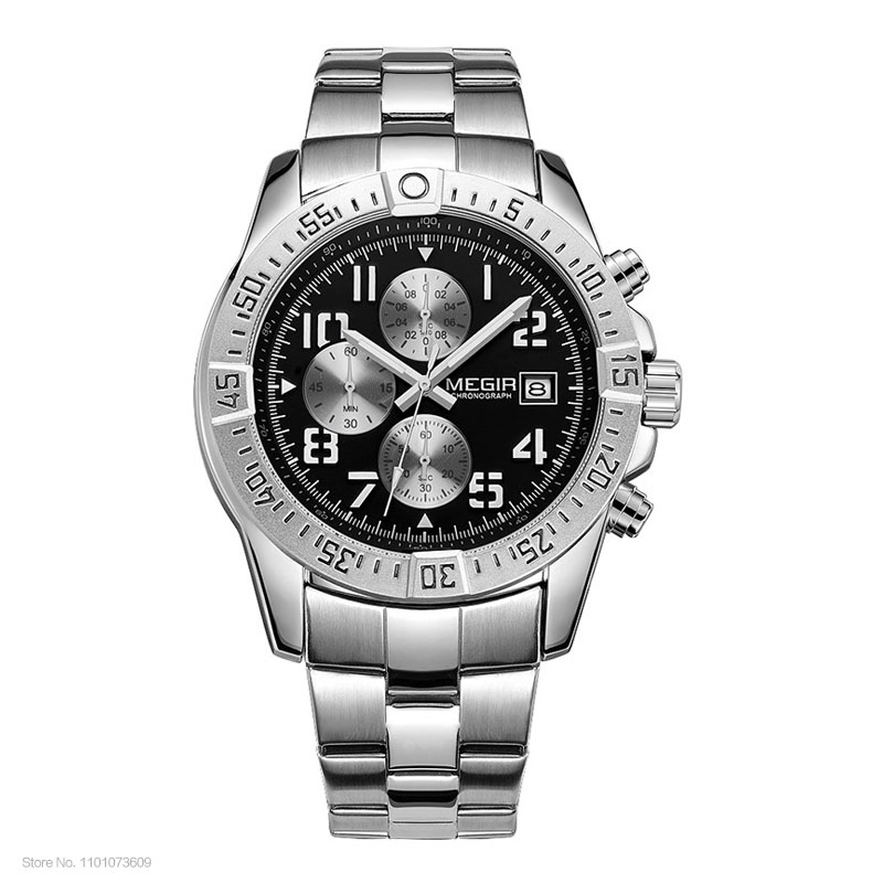 Megir Mens Chronograph Stainless Steel Quartz Watches Fashion Waterproof Luminous Round Dial Wristwatch for Man with Date M2030