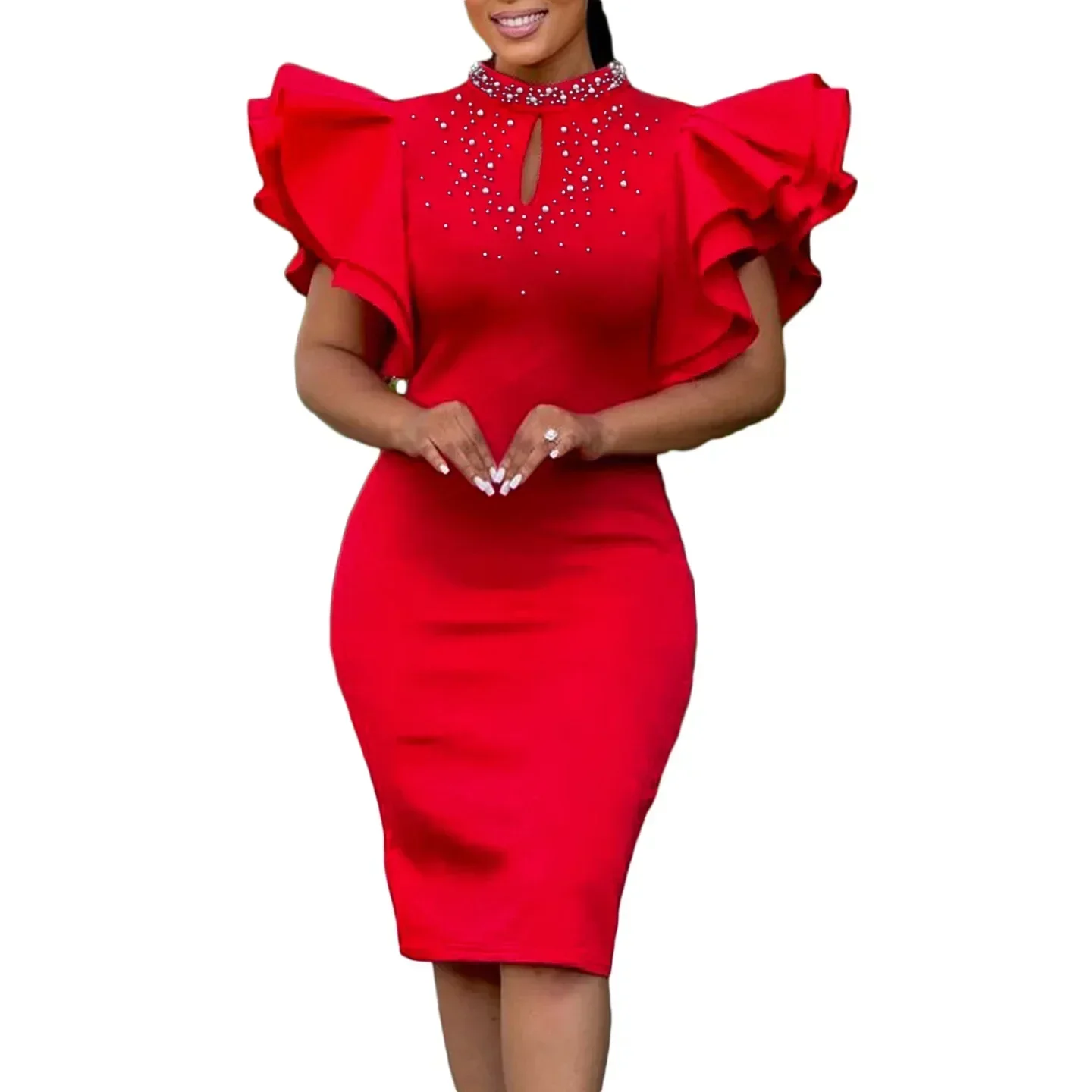 Elegant Women Party Evening Dresses Ruffle Sleeve Bodycon Midi Robe Office Ladies Overalls African Dashiki Ankara Clothing 2025
