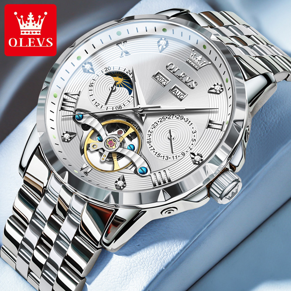 OLEVS Skeleton Multifunctional Men's Watch Automatic Mechanical Luxury Wrist Watch For Men Waterproof Stainless Steel Strap 6691
