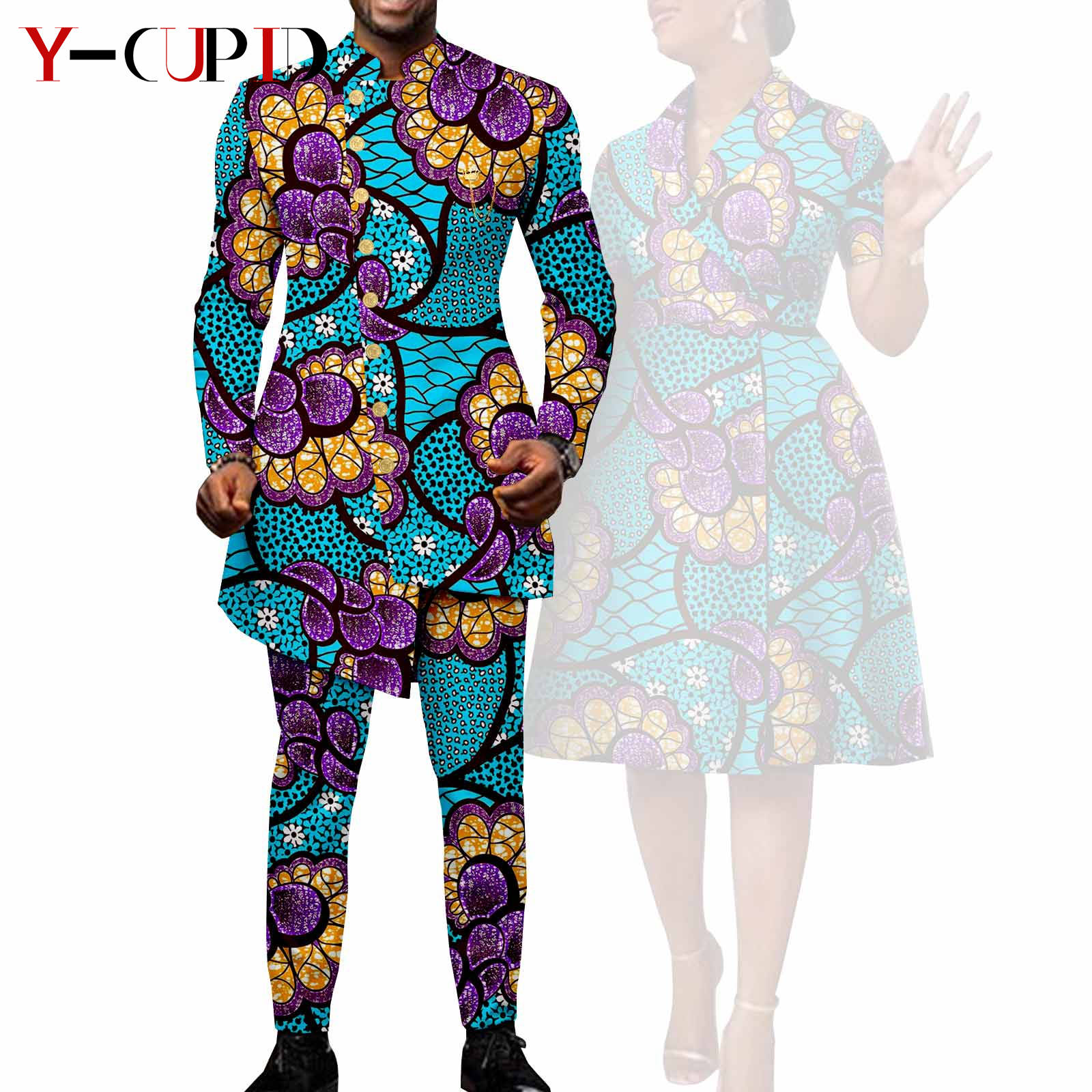 African Suits for Men Single Breasted Fit Jackets Matching Couple Outfits Bazin Riche Dashiki Print Dresses Trench Coats Y23C007