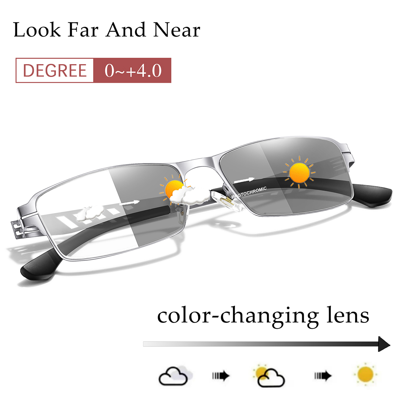 Fashionable Photochromic Reading Glasses Metal-Frame Vintage Rectangular Eyewear for Presbyopic Glasses and daily wear