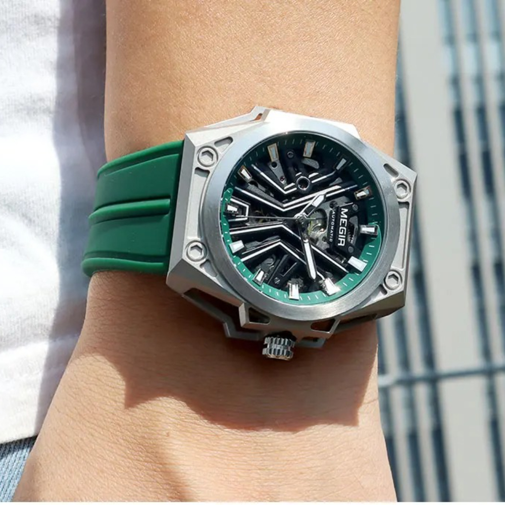 MEGIR 8603 Fashion Automatical Watch for Men Military Sport Waterproof Mechanical Skeleton Dial Silicone Strap Watches for Man