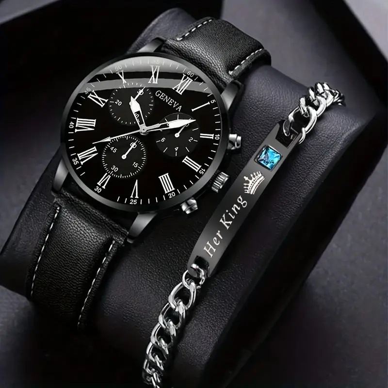 2PCS Men's Quartz Watch Set Fashion Trend Digital Scale Dial Quartz Watch Bracelet Jewelry Set Suitable for Festival Gifts