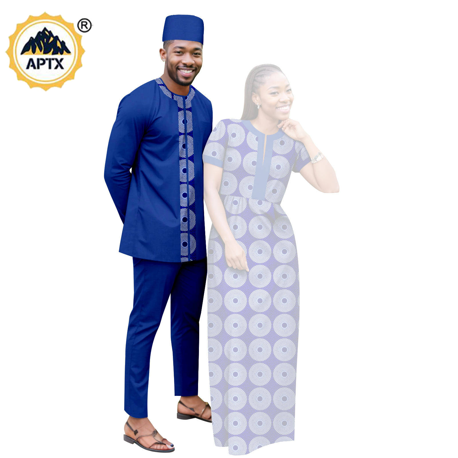Dashiki African Clothes Print Long Dresses for Women Matching Couple Outfits Bazin Riche Men Hat Top Tee and Pant Sets Y23C119