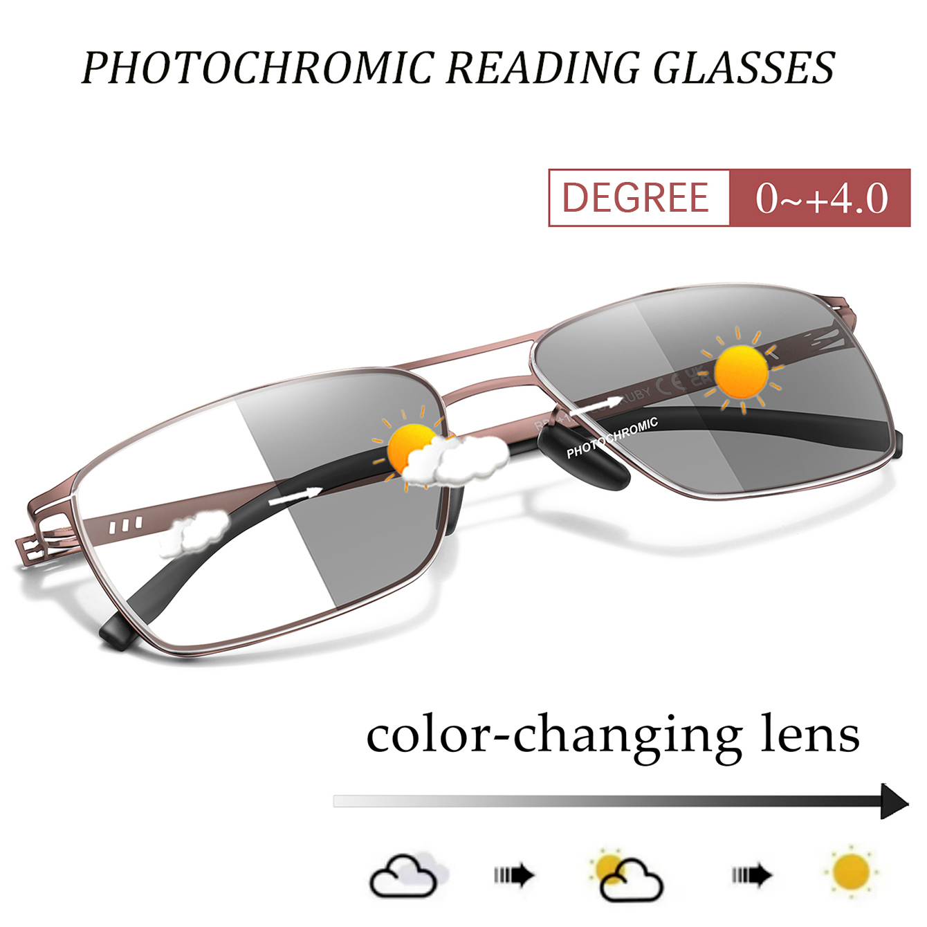Fashion Photochromic Reading Glasses Vintage Rectangular Metal-Frame Eyeglasses Presbyopic Glasses daily wear
