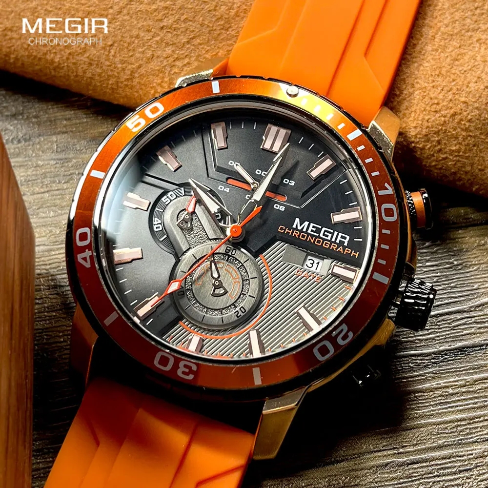 MEGIR 2224 Men's Quartz Watch Sport Fashion Creative Waterproof Silicone Strap Chronograph Night Light Date Watches for Man