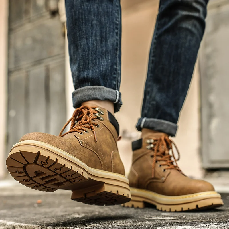 Men Ankle Boots Platform Leather Boots 2025 Fashion Brown Lace-up Boot High Top Comfortable Casual Shoes Non-slip Work Men Boots