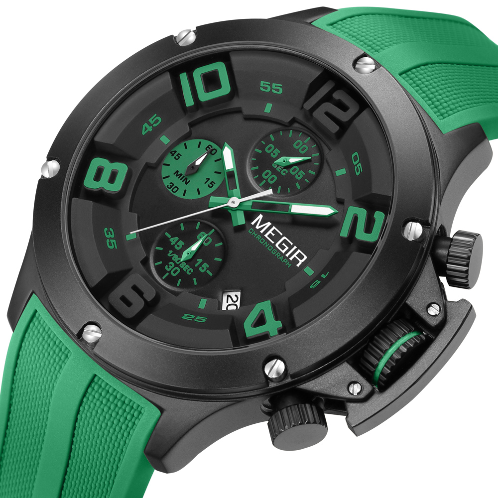 MEGIR 2025 Fashion Men's Silicone Strap Watch Luxury Calendar Chronograph Quartz Wristwatches Military Sport Luminous Clock Male