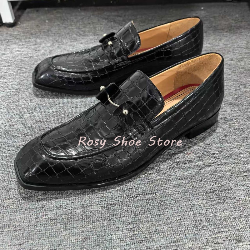 Men's Black Exquisite Crocodile Embossed Leather Shoes Fashion Silver Jewelry Embellishment Slip On Square Heel Business Shoes