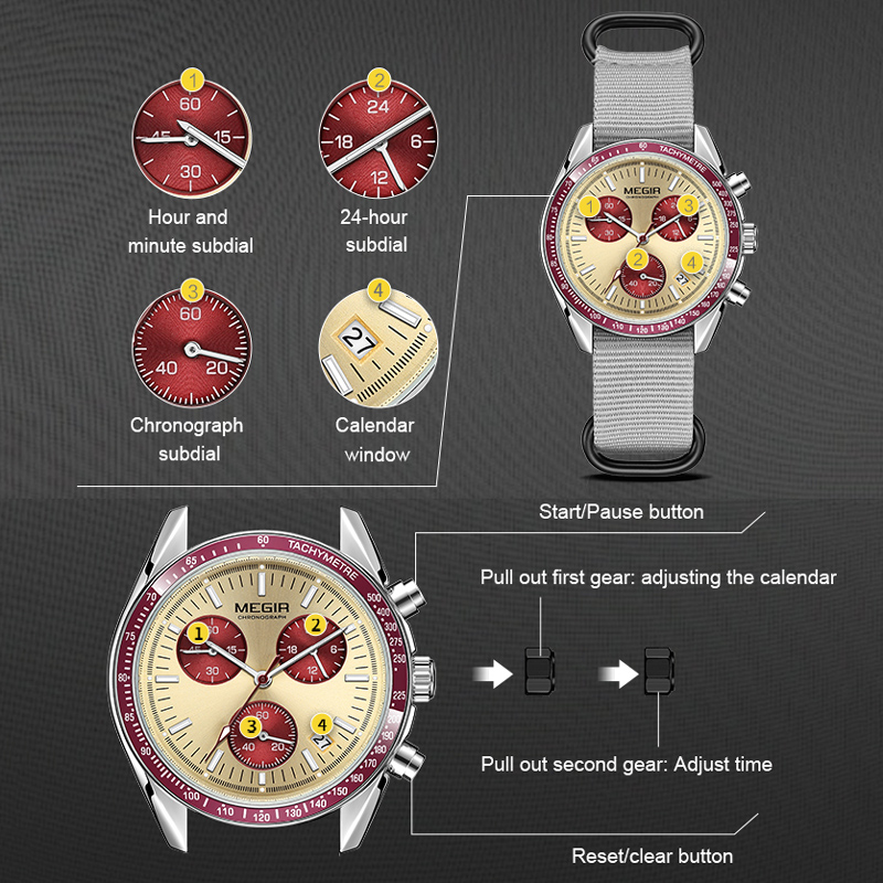 MEGIR Quartz Chronograph Watches Men Waterproof Sport Wristwatch Men's with Fashion Nylon Strap Luminous Pointers Date Male Gift