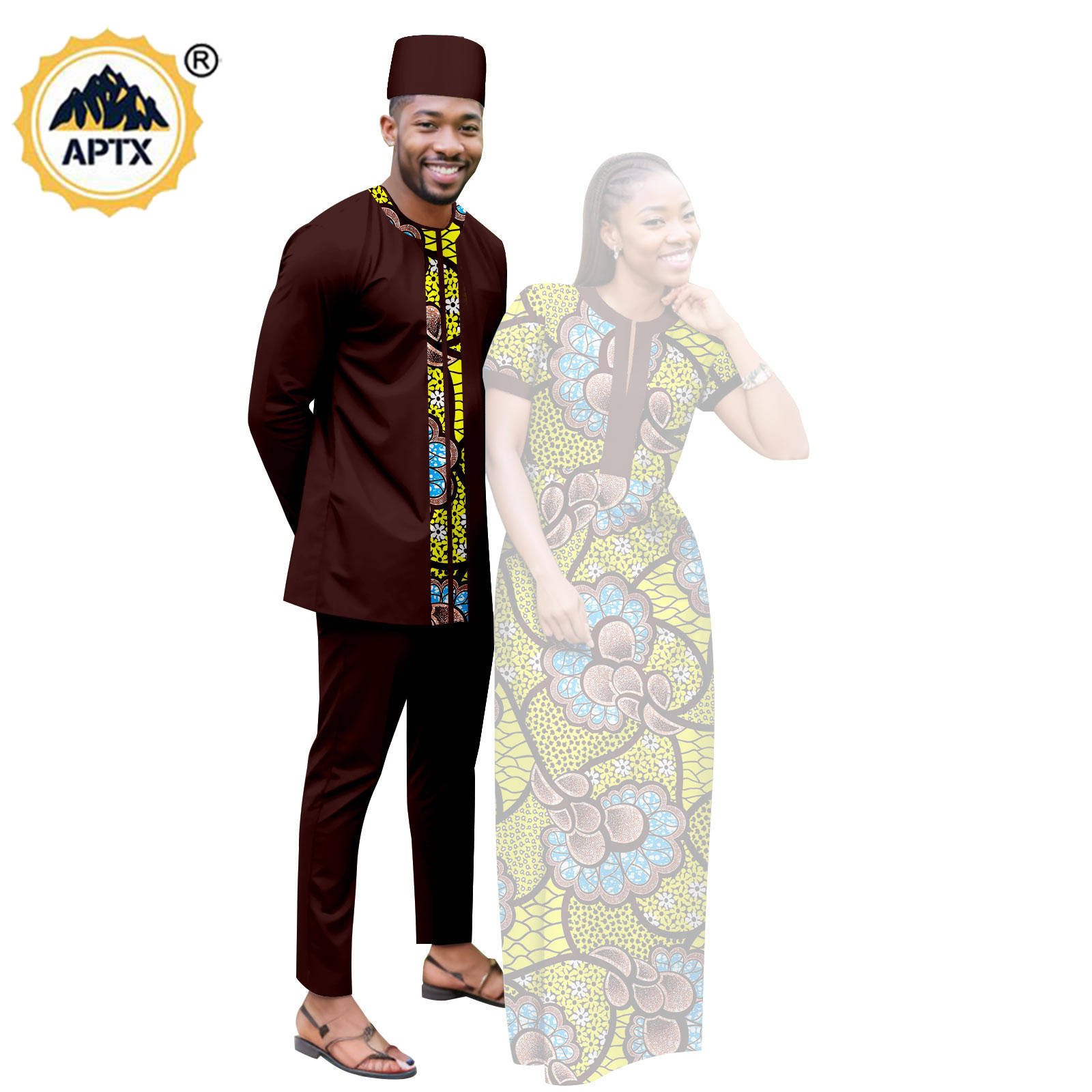 Dashiki African Clothes Print Long Dresses for Women Matching Couple Outfits Bazin Riche Men Hat Top Tee and Pant Sets Y23C119