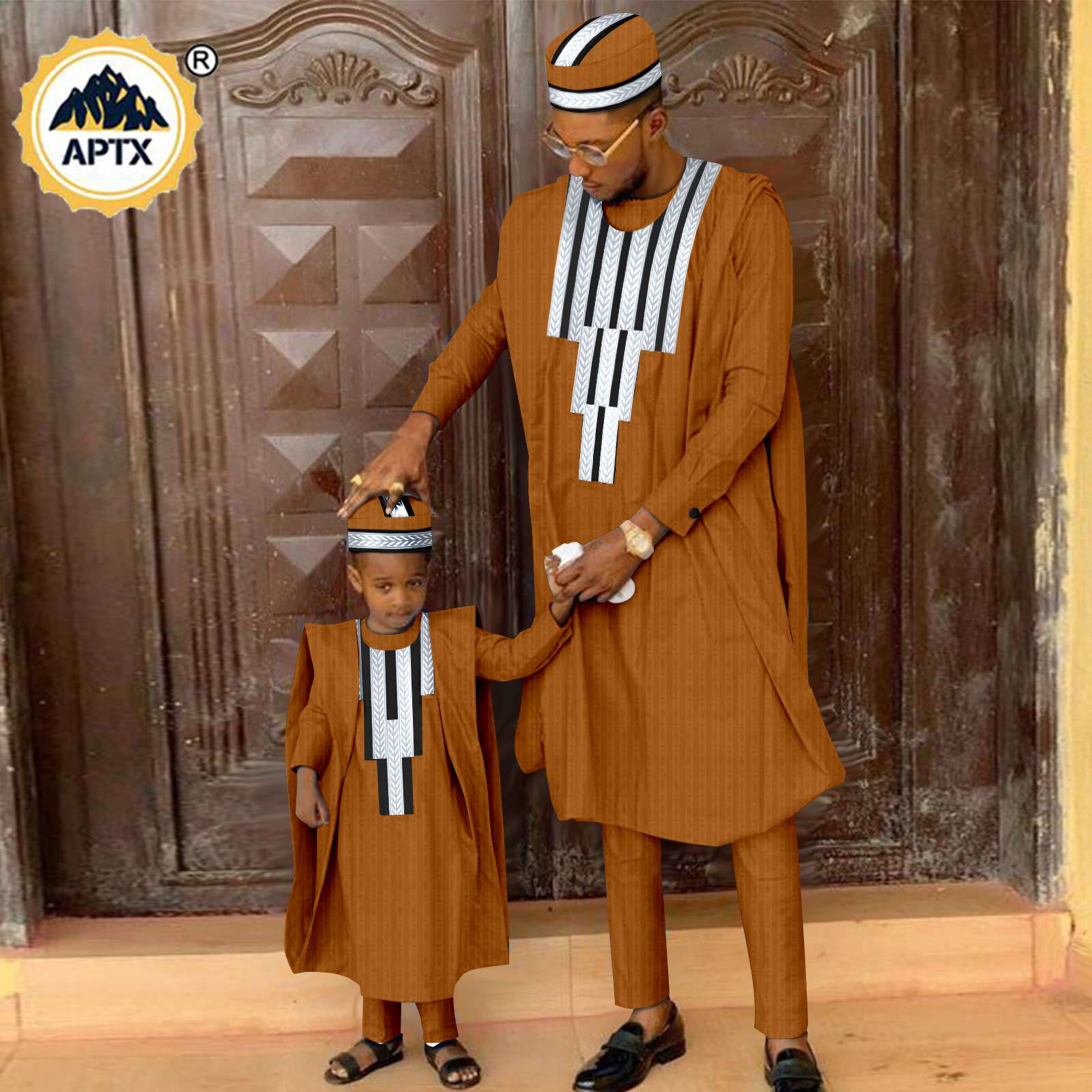 African Matching Outfit for Family Bazin Riche Muslim Sets Dashiki Father and Son Attire Agbada Robe Shirt and Pants Hat Y23F001