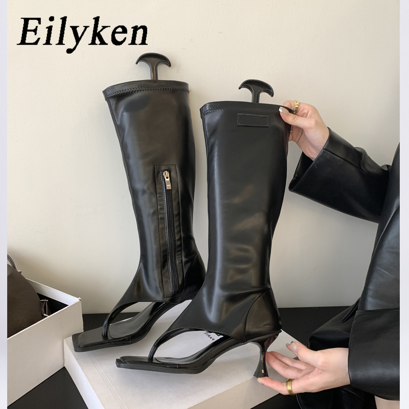 Eilyken Black Open Toe Clip-On Knee High Boots Women Modern Booties Thin Low Heels Side Zipper Spring  Party Pumps Sandals Shoe