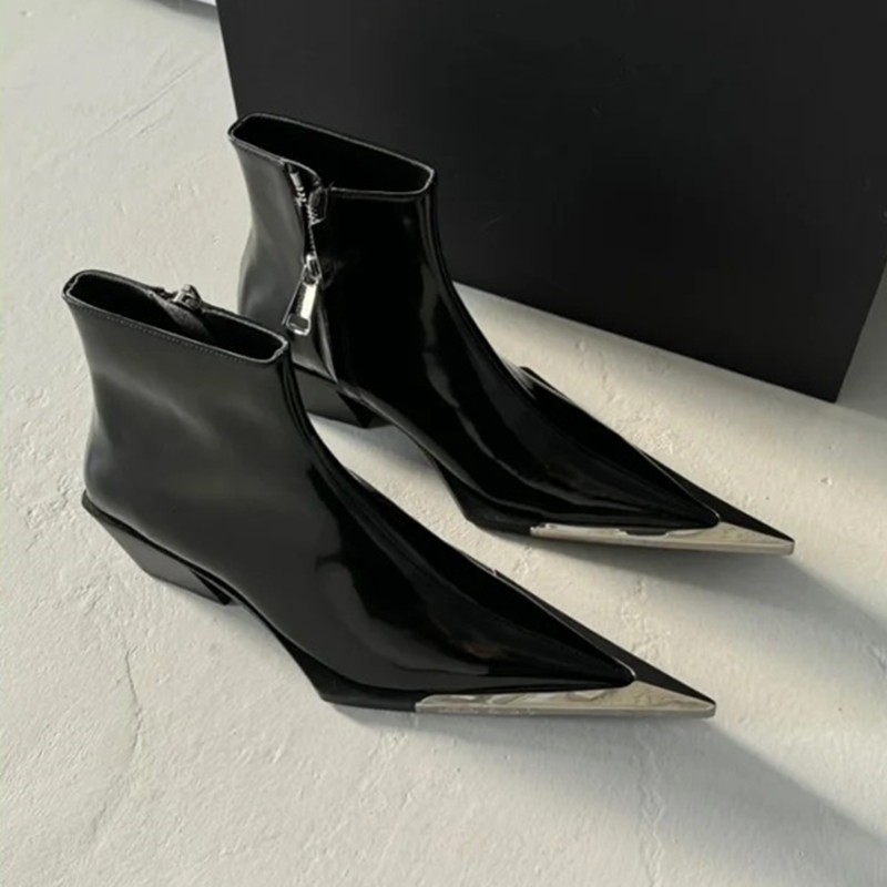 2025 Side Zipper Fashion Women's Ankle Boots Metal Pointed Toe Ladies Shoes Crude Heel Western Cowboy Boots