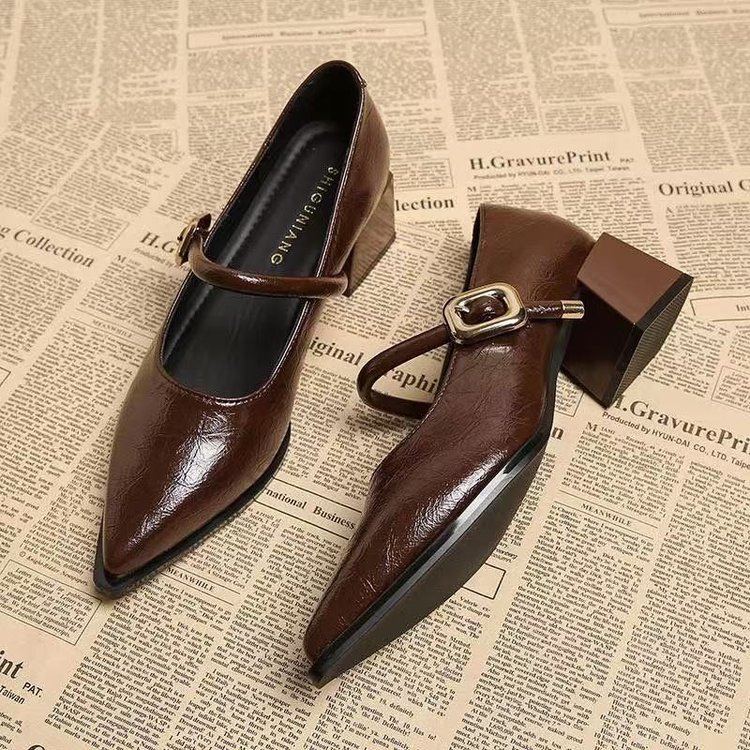 2025 Premium Leather Mary Janes - French Vintage Pointed Toe Pumps Chunky Heel Single Strap Shoes Buckle Decor