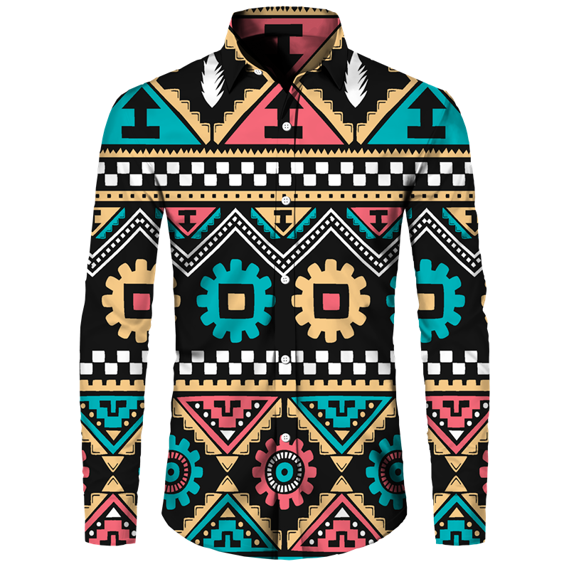 African Ethnic Pattern Hawaiian Shirts For Men Retro Drum 3D Printed Blouse Autumn Fashion Casual Loose Aloha Shirts Long Sleeve