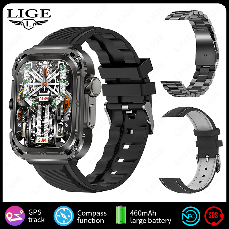 LIGE 2025 New GPS Tracker Smart Watch NFC Compass 460mAh Battery 2.1'' HD Screen Men Smartwatch Military Outdoor Sports Watches