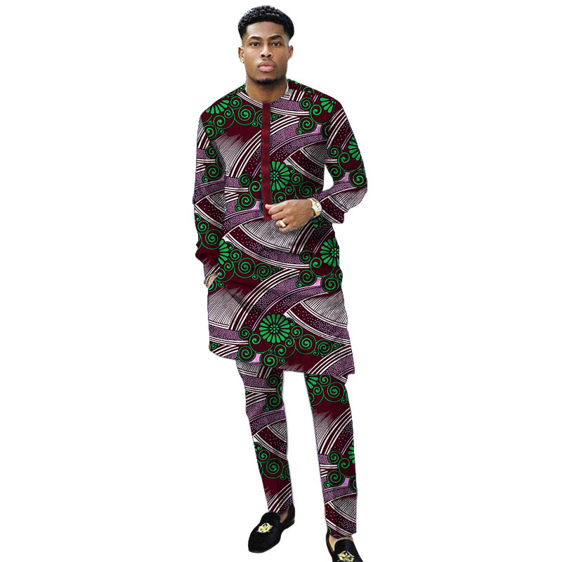 Nigerian Print Men Clothes Set Dashiki Shirts With Trousers Male Pant Suits Traditional Style African Pattern Wedding Wear
