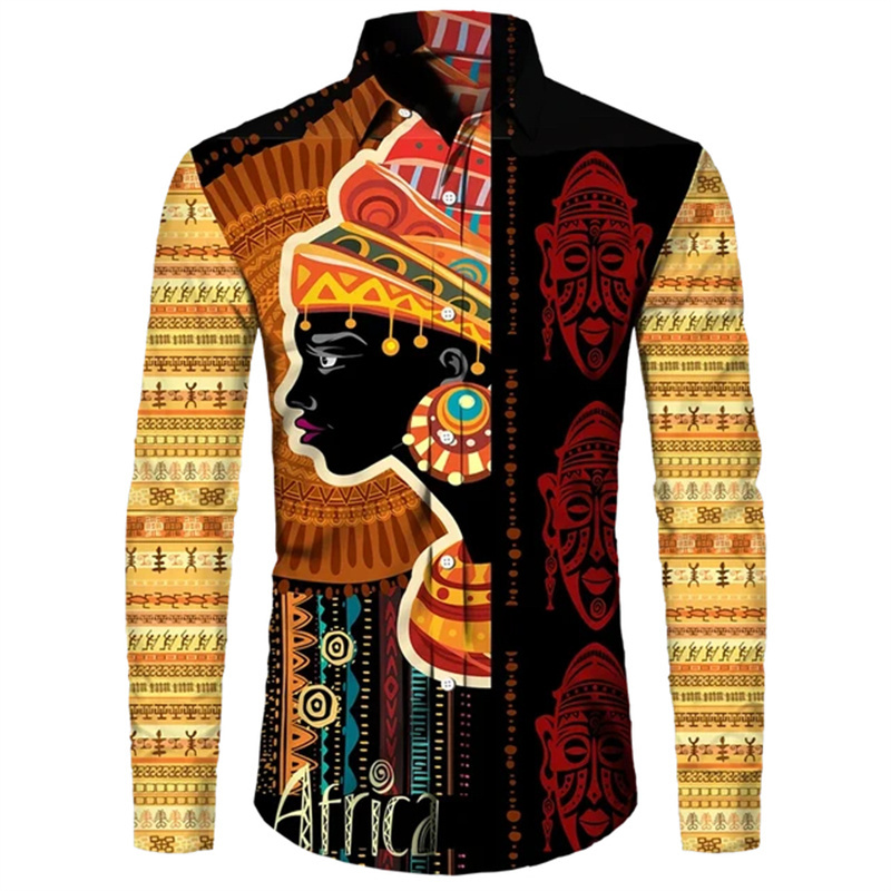 Colorful African Pattern Hawaiian Shirts For Men Retro Ethnic 3D Printed Blouse Casual Loose Aloha Shirts Long Sleeves Tops