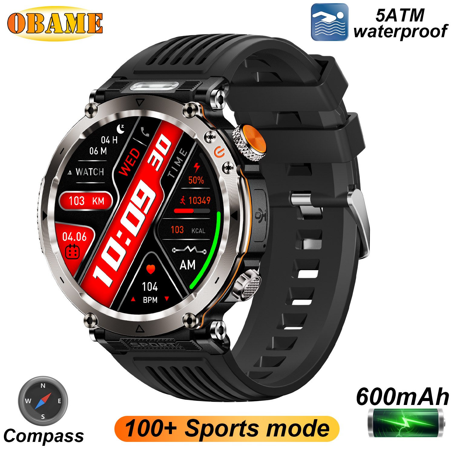 5ATM Outdoor Smart Watch Men 600mAh LED Flashlight SmartWatch Compass Bluetooth call Heart rate IP 68 Sports Smartwatch 2025 New
