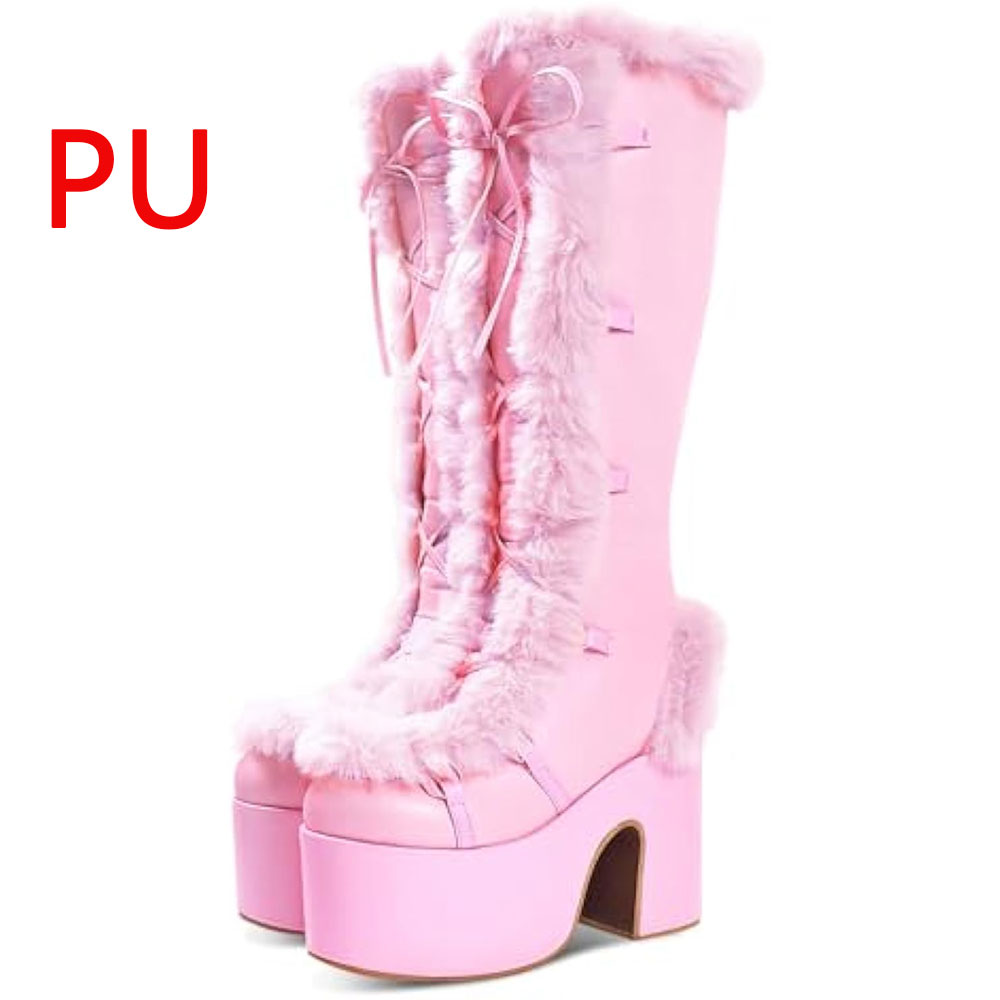 Big Size 46 Winter y2k Pink Knee High Boots Women White Chunky Platform Boots Gothic Black Faux Fur Block High Heels Boots Shoe