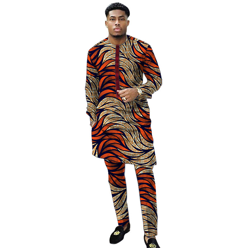 Nigerian Print Men Clothes Set Dashiki Shirts With Trousers Male Pant Suits Traditional Style African Pattern Wedding Wear