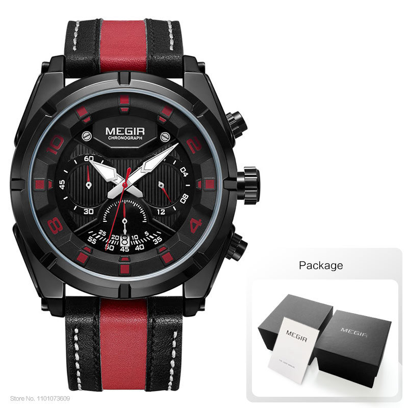 MEGIR Fashion Men's Chronograph Quartz Watches Leather Strap Luminous Hands 24-hour Sports Analogue Wristwatch for Man 2076White