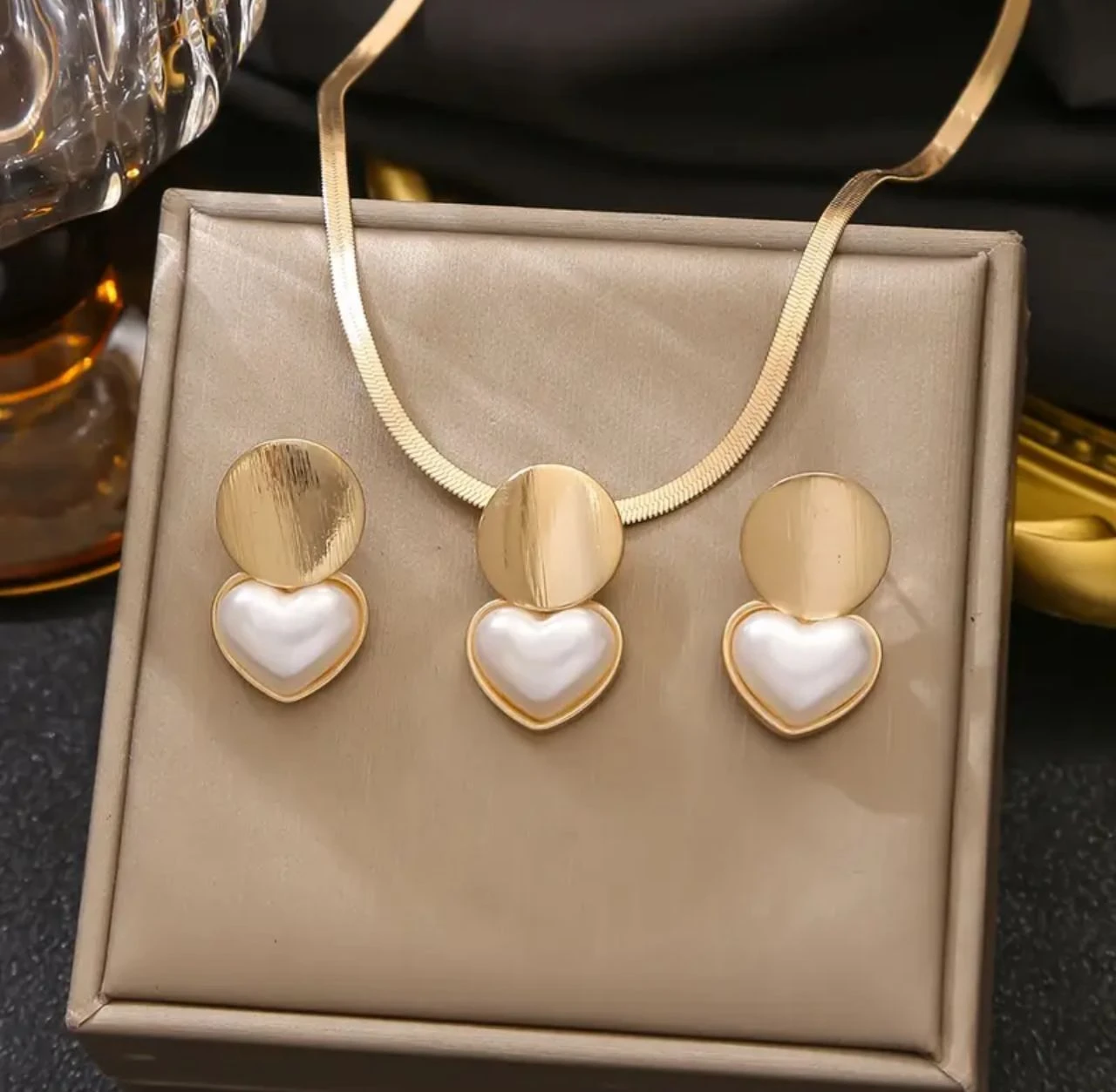Gold Pearl Heart Jewelry Set - Necklace and Earrings Matching Set with Mother of Pearl Hearts