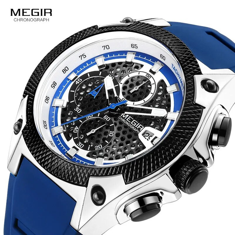 MEGIR Luxury Watches Men Blue Silicone Strap Quartz Wristwatch Man Top Brand Military Chronograph Watch Relogios Masculino 2127
