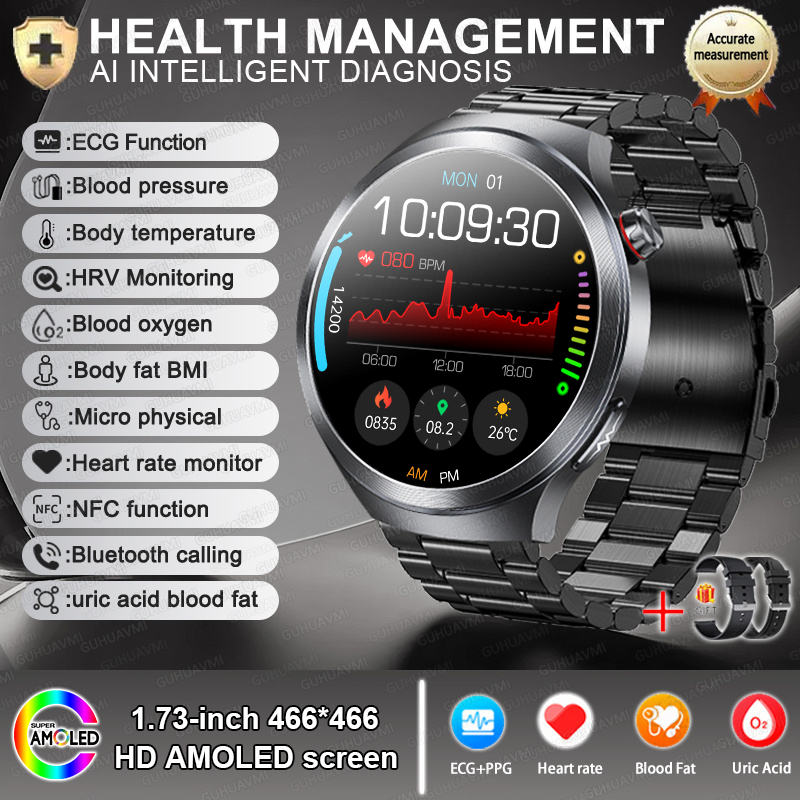 2025 New Health detection ECG+PPG Uric Acid Blood Oxygen Body Analysis Smart Watch Clock Bluetooth BT Call Smart Watch Men