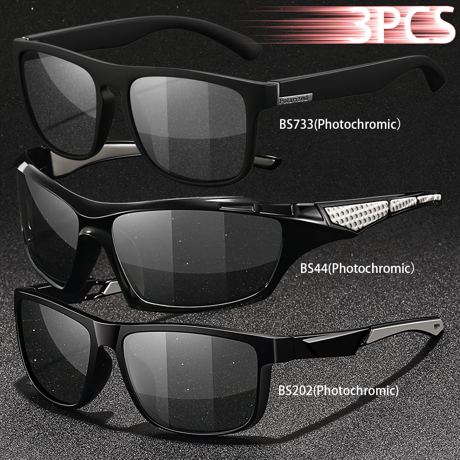 3PCS Photochromic Polarized Sports Vintage Sunglasses Men Women Cycling Driving Mountaineering Chameleon Sun Glasses UV400Eyewer