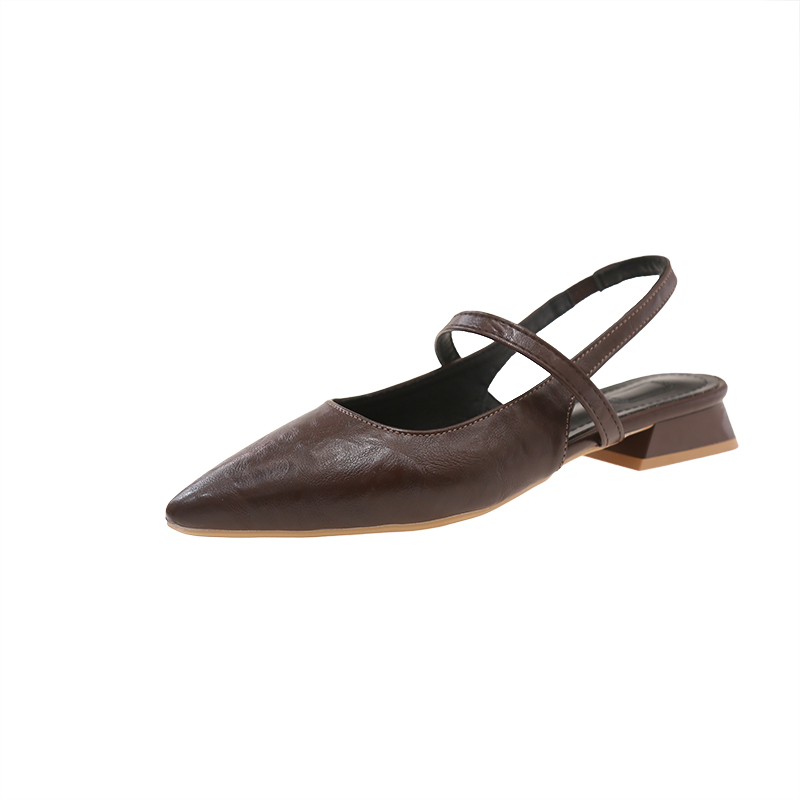 New Women Baotou Patent Leather One Line Buckle Strap Cat Heel Sandals Female Sexy Black Silk Pointed Thin Heel Flat Shoes