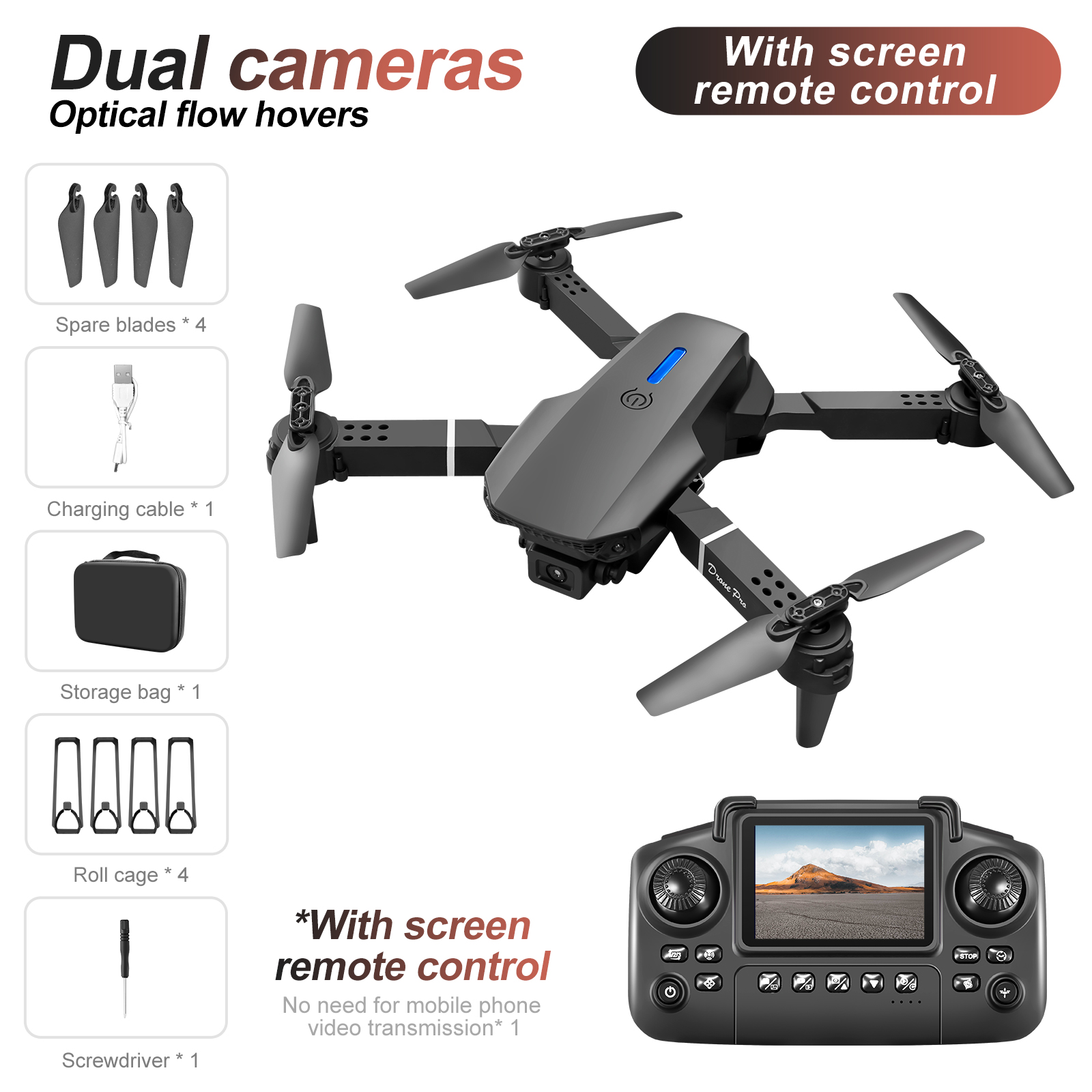 New E88 Drone Remote Control with Screen 4K Dual Camera Optical Flow Localization 2.4G RC Quadcopter One-button Take-off Drones