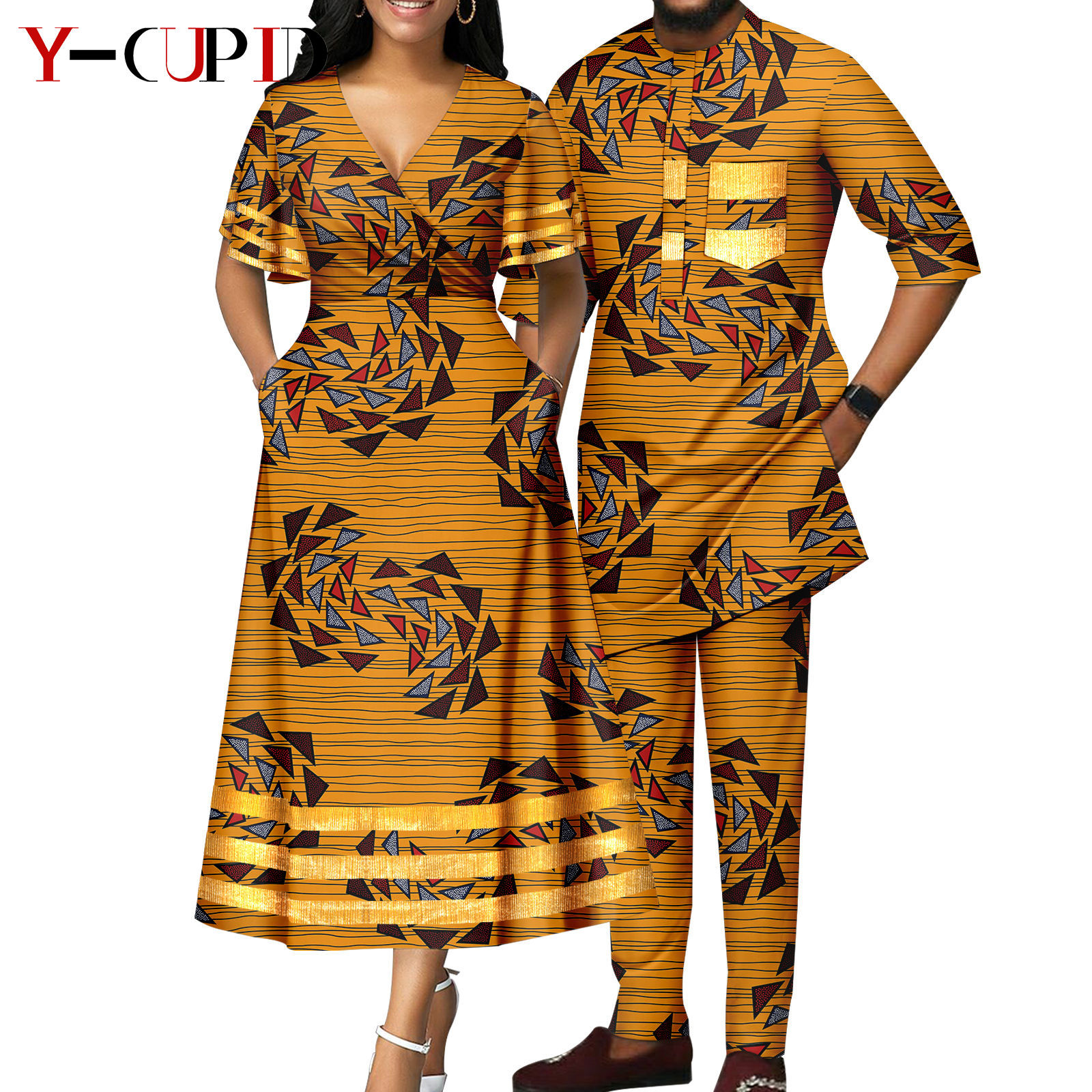 African Print V-neck Dresses for Women Couple Matching Men Outfits Top and Pant Sets Dashiki Bazin Riche Lover Outwear Y23C086