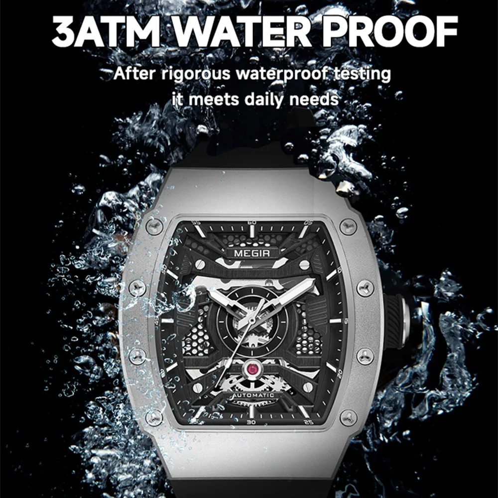 MEGIR 8604 Luxury Men's Automatic Mechanical Watch Waterproof Hollow Out Silicone Strap Sports Wristwatch Clock Reloj Hombre