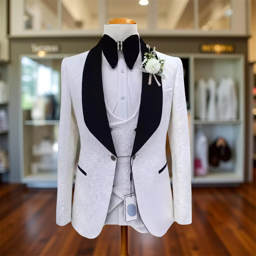 3 Pcs Floral Wedding Suits for Men Slim Fit Shawl Lapel Groom Tuxedo Groomsmen Formal Prom Suit Jacket with Pants Vest 2025