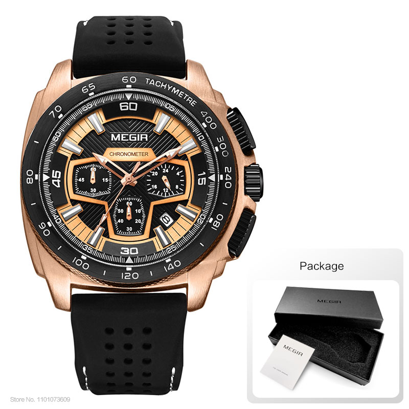Megir Males Mens Chronograph Sport Watches with Quartz Movement Rubber Band Luminous Wristwatch for Man Boys 2056G-1N0