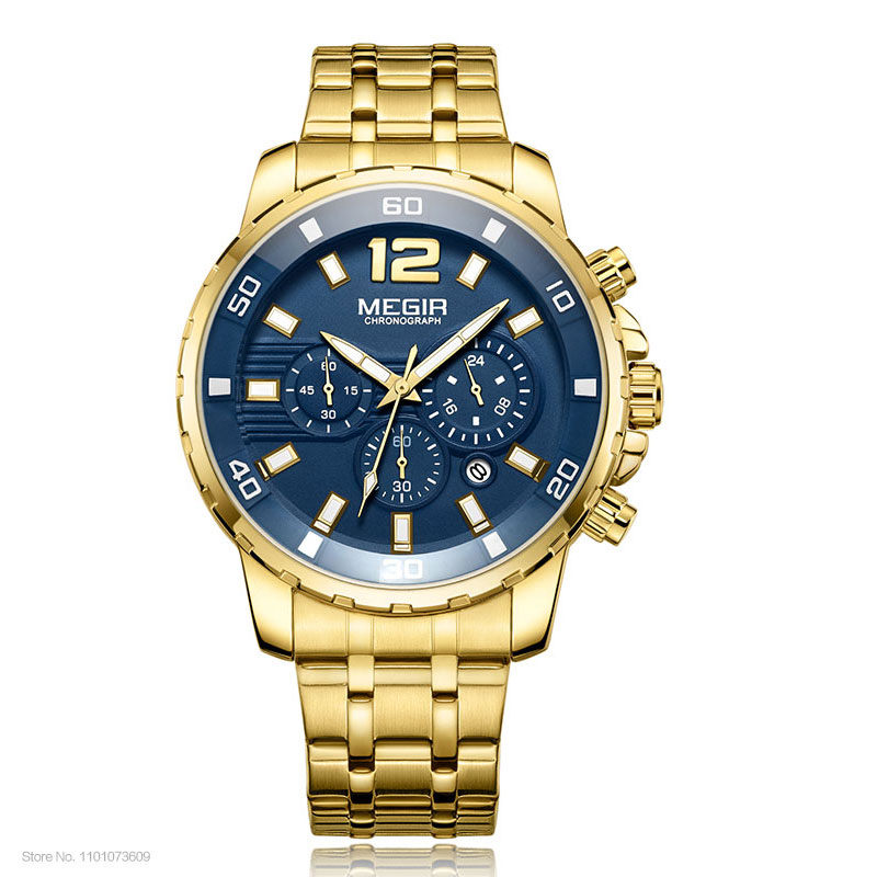 Megir Men's Gold Stainless Steel Quartz Watches Business Chronograph Analgue Wristwatch for Man Waterproof Luminous 2068GGD-2N3