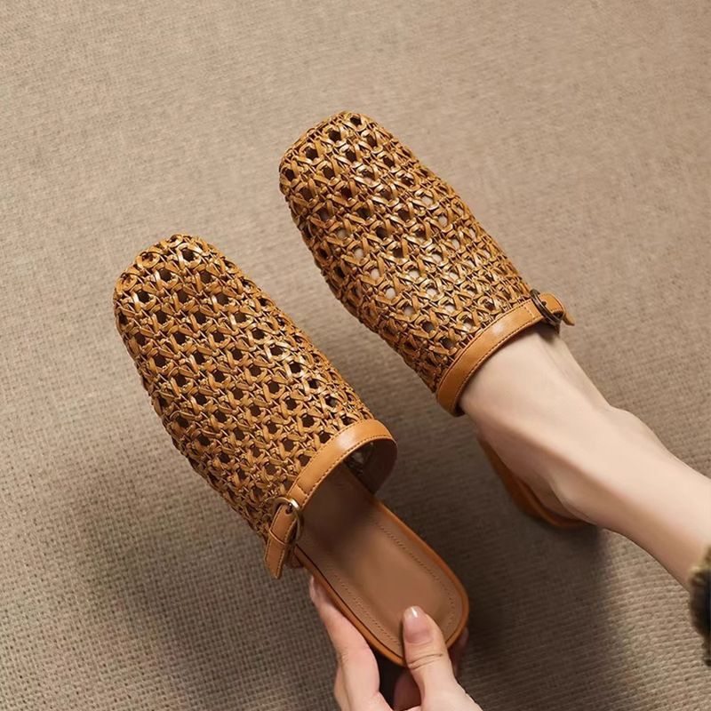 French Retro Fashion Woven Breathable Hollow Women's Slippers Bag Head Half Drag Summer Wear Low-heeled Casual Mesh Muller Shoes