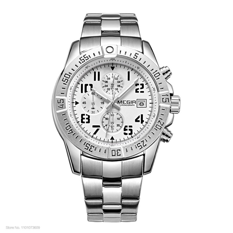 Megir Mens Chronograph Stainless Steel Quartz Watches Fashion Waterproof Luminous Round Dial Wristwatch for Man with Date M2030