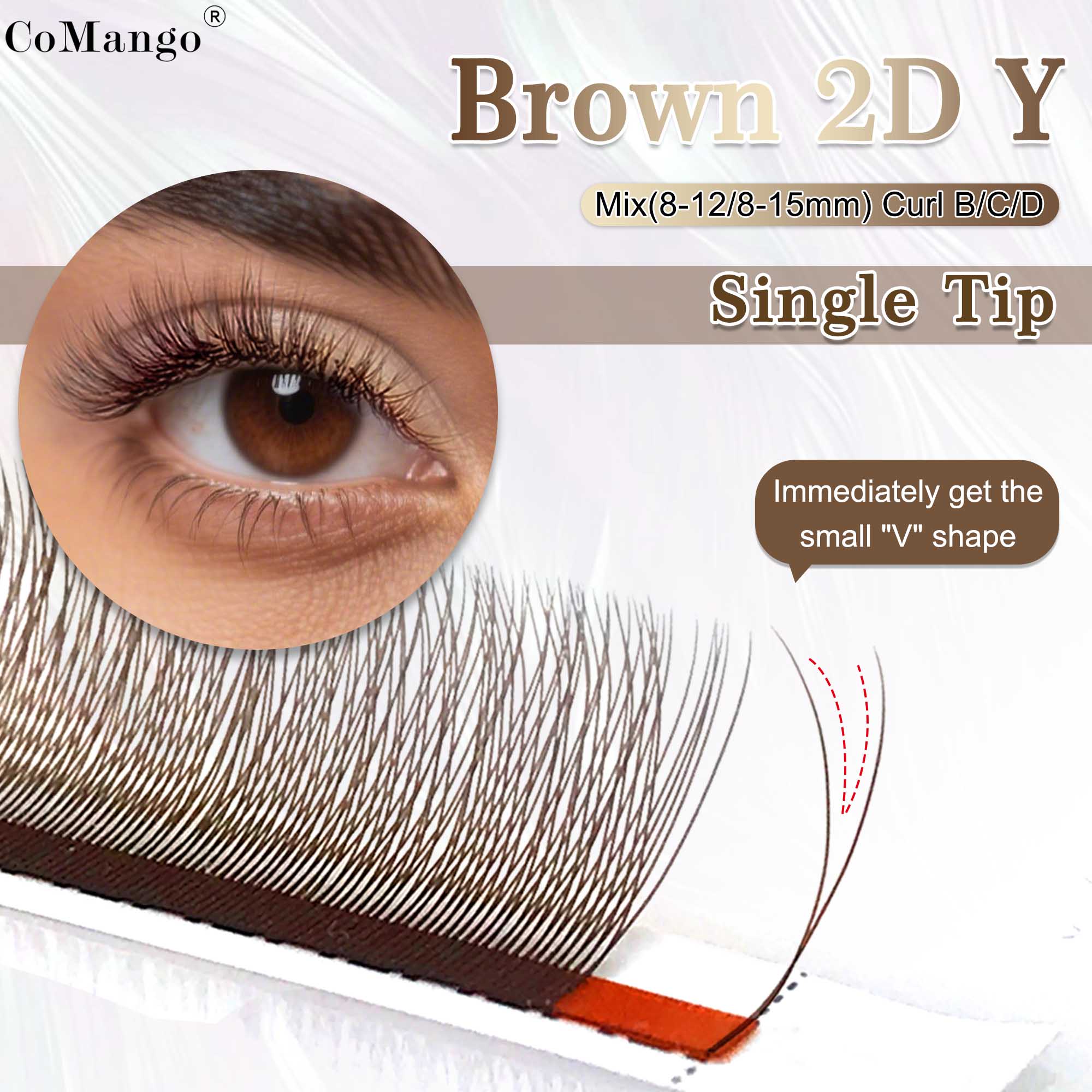 CoMango Mix 8-12/8-15mm Brown Eyelash Extension 2D V Shape False Lash Premade Fans Soft Light Natural Eyelash Makeup