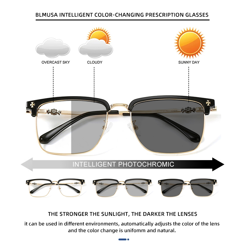 BLMUSA Men Classic Chrome Style Hearts Reading Glasses Anti Blue Light Myopia Glasses Photochromic Prescription Optical Eyewear