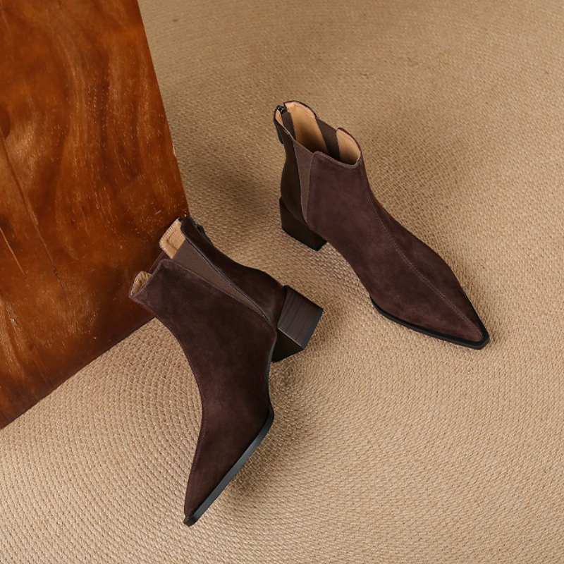 Autumn Winter Women Thick Heel Ankle Boots Elegant Back Zippers Shoes Modern Leather Suede Splicing Short Botas Para Mujer