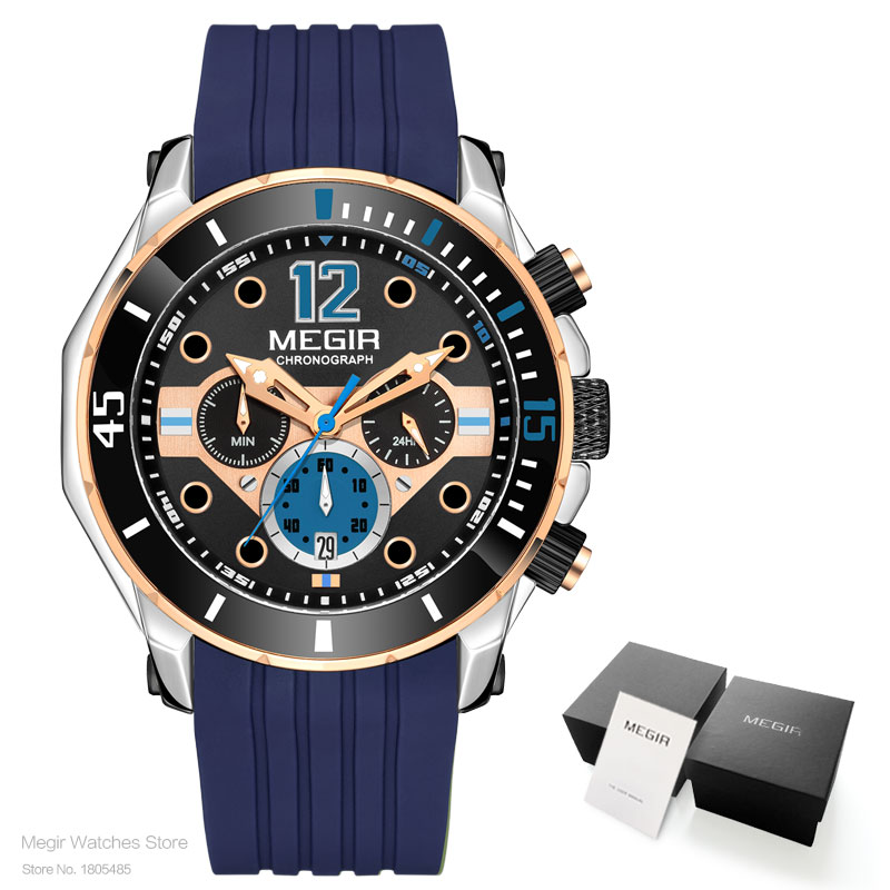 MEGIR Fashion Waterproof Quartz Watches for Men Luxury Military Sport Chronograph Wristwatch Silicone Strap часы мужские 2206