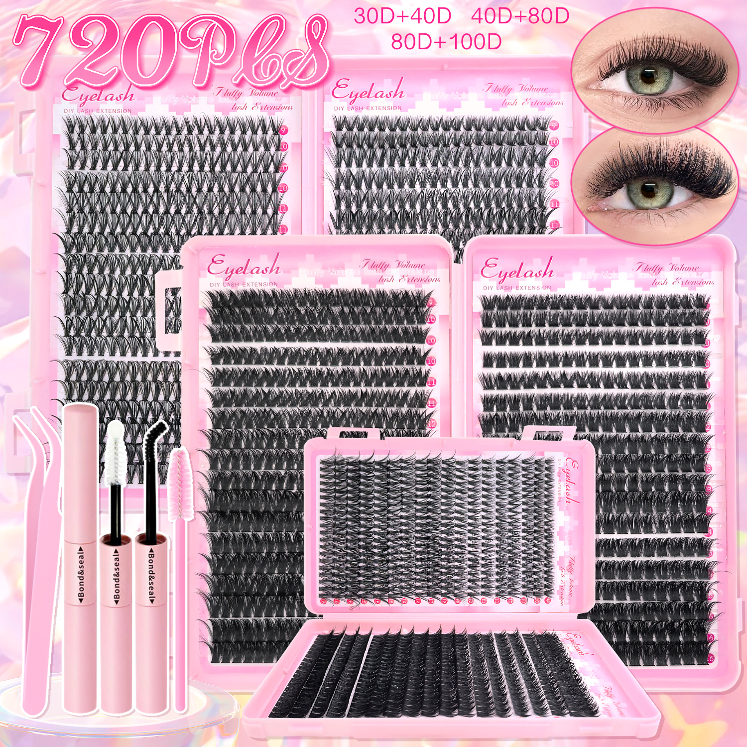 DIY Lash Extension Kit 720pcs Lash Clusters Individual Eyelashes Kit with Lash Bond and Seal Wispy Natural Mange Lashes